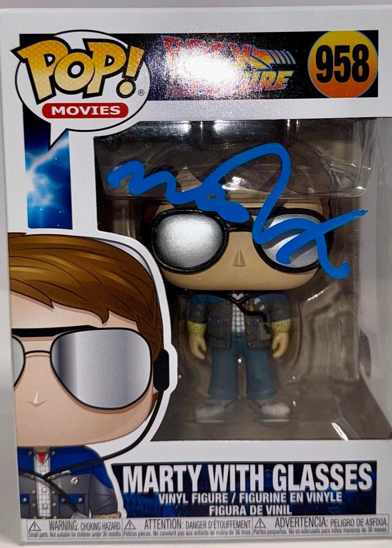 Michael J Fox Signed Funko Pop #958 Marty McFly w/Glasses Back To The Future (Blue Ink) - Beckett COA #1